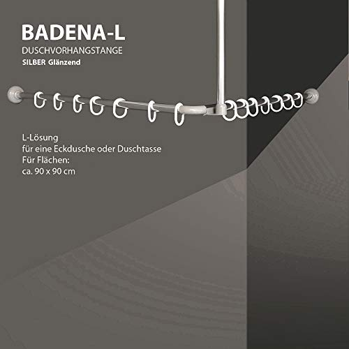 Winkelstange Duschvorhang Stange Weiß Anthrazit Silber Bad Stange Winkel, U und L-Form (L-Form 90x90cm, Silber glänzend)