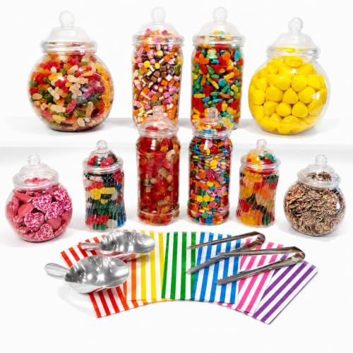 LARGE 10 MIXED Plastic Sweet Jars, 2 Tongs, 2 Scoops, 100 Bags - Vintage Victorian Pick & Mix Sweet Shop Candy Buffet Kit Party Pack (Rainbow Candy Stripe Mix)