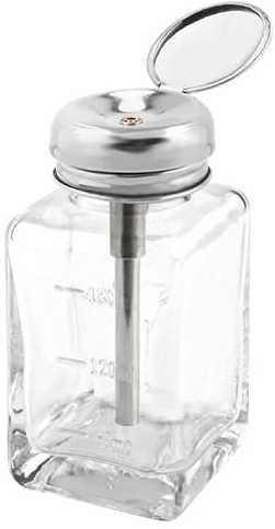 180 ml/6 oz Clear Glass Push Down Dispenser Bottle Refillable Square Pump Dispenser Bottle Container with Metal Flip Cap for Alcohol Liquid Nail Polish Remover Makeup Remover Toner