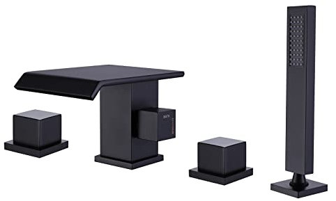 Boyuan Robinet de Baignoire Cascade Noir Mitigeur Baignoire à Montage sur Pont Mitigeur de Baignoire 4 Trous en Laiton Durable Robinet de Bain avec Douchette à Main, Tuyau de Douche