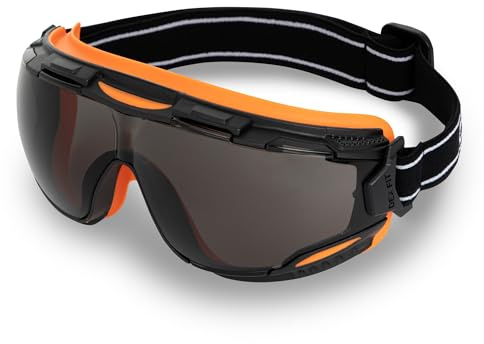 DEX FIT Safety Goggles SG220, Wide-Vision Lab & Chemical Splash Eye Protection, Anti-Fog & Scratch Resistant, Soft Seal, Z87.1 Approved; Black/Orange, Smoke Tinted Lens, 19mm Strap, 1 PC