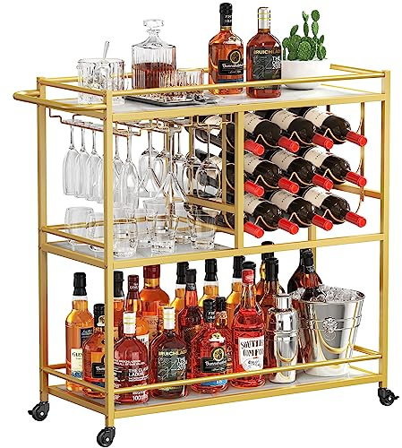 Lifewit Dryckesvagn, 3-vånings barvagn med låsbara hjul, 12 vinställ och 3 rader glashållare, vinvagn för servering av cocktail och alkohol, 80,2 x 33,2 x 86 cm, Gul