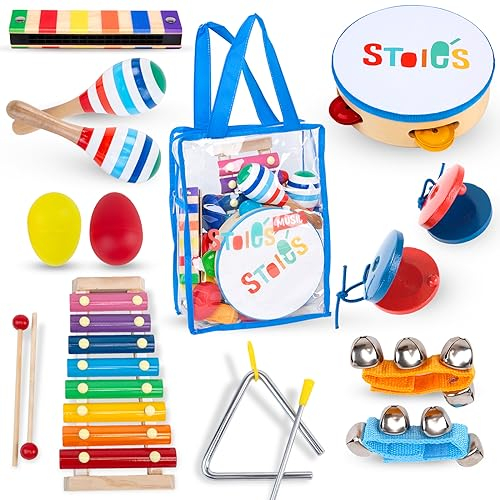 STOIE'S Musikinstrumente Kinder ab 3 Jahre 15-teiliges Montessori Instrumente Kinder Rasseleier Baby Klanghölzer Musikspielzeug Trommel Musik Instrumenten