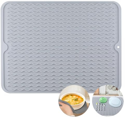 Juxtaposia 40 × 30 cm Tappetino lavello cucina,Tappeto scolapasta silicone per scolare le stoviglie,Tappetino per lavello cucina antiscivolo, resistente al calore, grigio.