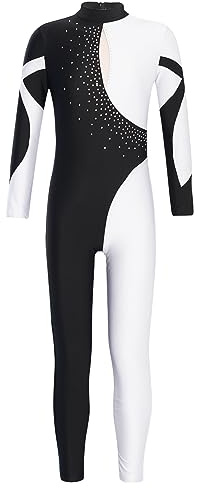 iEFiEL Mädchen Langarm Turnanzug Zweifarbig Ganzkörperanzug Sportlich Body Kinder Glitzer Gymnastikanzug Tanzkostüm Tanzanzug Wb Weiß 122-128