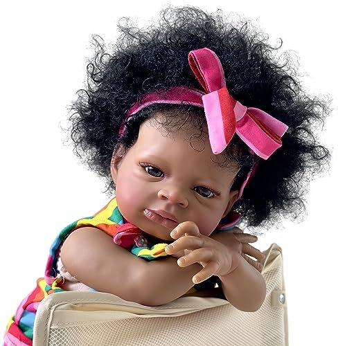 50cm Reborn Kleinkind Puppe Indisch Afroamerikanisch Silikon Reborn Baby Puppe 20Zoll Realistisch Neugeborene Puppe mit Schwarzes Kurzes Lockiges Haar Kind Geburtstag Weihnachten Geschenke(Striped)
