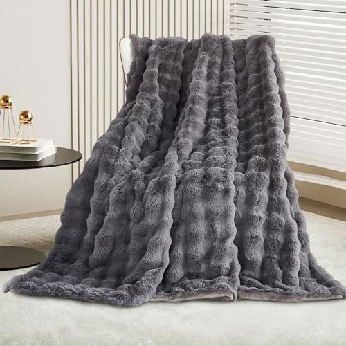 Luxuriöse Plüsch-Überwurfdecke, superweiche, gemütliche, flauschige Decke, Kunstfelldecke, leicht, warm, für Couch, Bett, Sofa, 160 cm Breite x 200 cm Länge, Dunkelgrau
