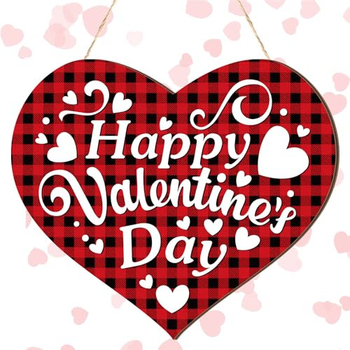 Menkxi Valentinstag Türschild 3D Holz Rot und Schwarz Büffel Plaid Hängeschild Bauernhaus Herz Türdekorationen Valentinstag Türhänger Valentinstag Türdekoration Herzform Rot Wandschild