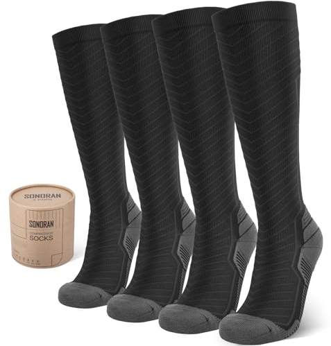 SONORAN 2 Pairs Kompressionsstrümpfe Damen und Herren Klasse 2 Stützstrümpfe Kompressionssocken Compression Socks Kompression für Running, Reisen, Sport L/XL （Schwarz Grau）