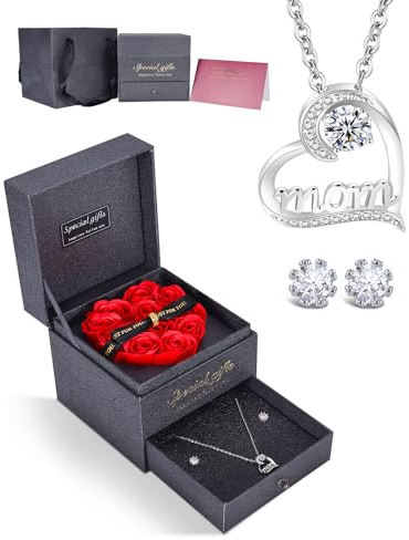 IMMORROSA Ewige Rose mit MOM-Halskette&Kristallohrringe, Muttertagsgeschenk für Mama, Konservierte Rosa Schachtel mit Halskette, Rosen-Geschenk mit Verpackung für Mama, Geburtstag, Jahrestag