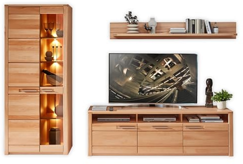 NATURE ONE Wohnwand Komplett-Set in Kernbuche teil-massiv FSC-zertifiziert - Moderne Schrankwand mit LED-Beleuchtung für Ihr Wohnzimmer - 310 x 203 x 45 cm (B/H/T) | Teilmassive Fronten in Kernbuche, FSC-zertifiziert, inklusive LED-Glaskantenbeleuchtung für das Wohnzimmer