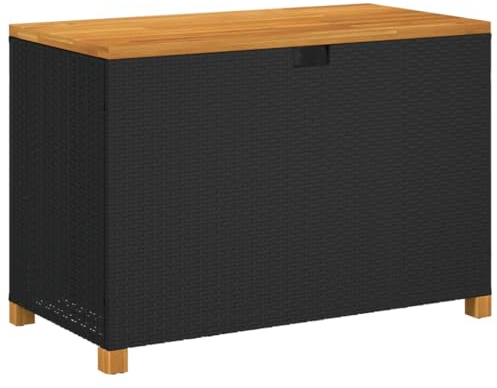 vidaXL Gartentruhe, Kissenbox für Garten Terrasse, Sitzbank mit Stauraum, Auflagenbox Aufbewahrungsbox Sitztruhe, Schwarz Poly Rattan Akazienholz
