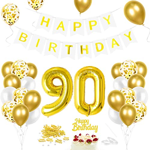 Globo 90er Cumpleaños Dorado - Decoración 90 Años, Gigante Foil Número 90, Feliz Cumpleaños, Para Hombre y Mujer