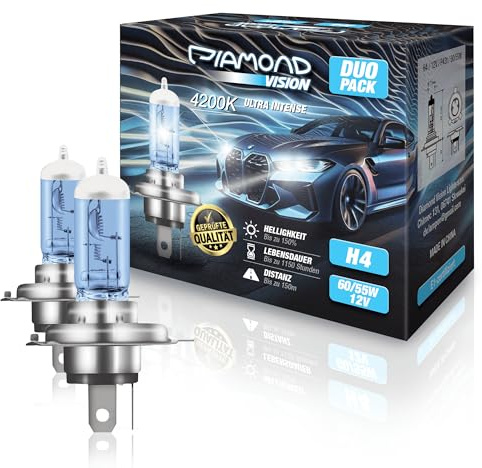 Diamond Vision 2x H4 12V 55W | Ultra Intense 4200K | Halogen KFZ Autolampen | zweimal so langlebig | Duobox | E-Prüfzeichen