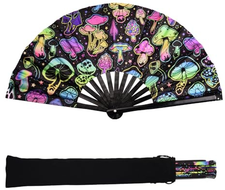 URROMA Foldable UV Glow Big Mushroom Hand Fan, Large Rave Fan Folding Hand Fan Bamboo Festival Clack Fan Performance Dance Party Accessories For Men Women