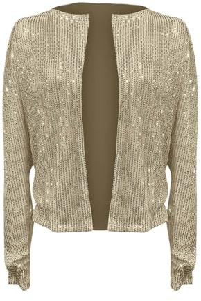 Damen Pailletten Jacke Langarm Party Club Offen Glitzer Cardigan Kurzjacke Glitzer Bolero