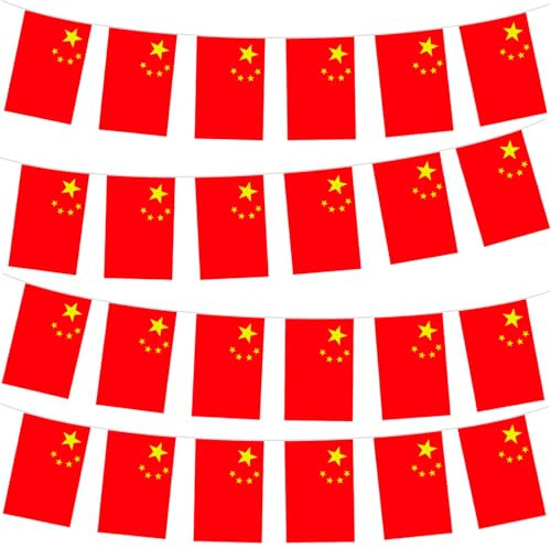 10m Flaggenkette Girlande mit 30 China Flagge,Oly Flagge China Fahnenkette Wimpelkette für EM Deko,China Fanartikel Chinesisch Fahne für Oly Deko 2024,Euro Fußball Party Deko