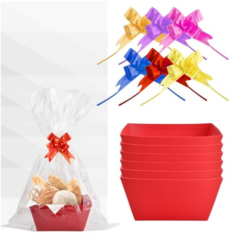6 Pcs Geschenkkorb, 25x20x11,5cm, Präsentkorb Leer mit 6 Klare Taschen und 6 Ziehen Schleifen, Geschenkkörbe Pappe mit Griffen, Geschenke Korb Geschenkpakete Wein Gourmet (Rot)
