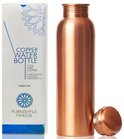 MÖJSKFULL FINESSE vattenflaska av ren koppar, 1 liter ayurvedisk kopparflaska för att dricka mer vatten och sänka ditt sockerintag, 32 dl stort kopparkärl – läckagesäker design, levereras med bärväska