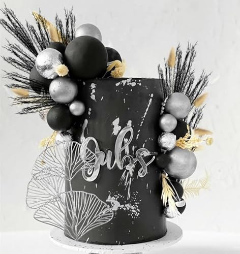 Luxury Black Silver Balls Cake Topper Palm Leaves Black Cake Decoration for Birthday Wedding Anniversary Bridal Shower