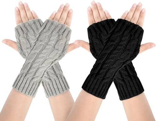AUYAO 2 st stickade fingerlösa handskar, thermiska armhandskar, handledsvärmare, vantar stickade virkade armvärmare för kvinnor, halvfingerhandskar