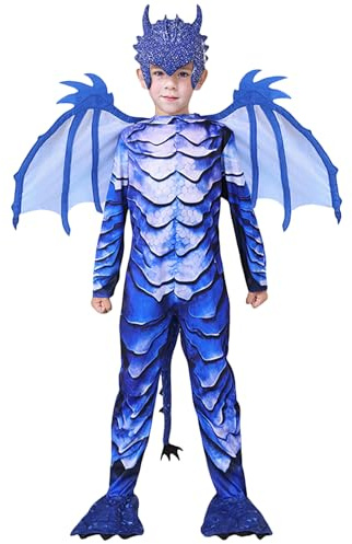 AUNGKWANG Kind Jungen Drachenkostüm, 110/120/130 Kostüm Drache Kinder, Drachenflügel, Maske, Drachen Jumpsuits, Weihnachten Party Halloween Carnival Cosplay Kostüm für 4 5 6 7 8 Jahre Kinder
