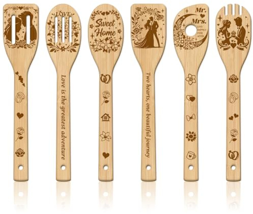 GLOBLELAND 6 Stück Hochzeitsszene Bambus Kochutensilien Hochzeit Holzgravur Kochlöffel Set Gravur Schnitzerei Küche Bambus Spatel Set Für Küche Housewarming Geschenk Mutter Freundin Frauen