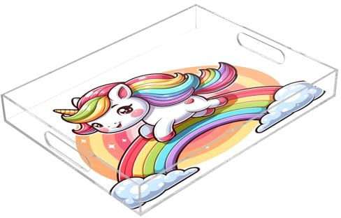 A Small Cartoon Unicorn Gallops on A Rainbow Acrylic Serving Trays, Clear Rectangular Tray with Handles Serving Platter for Coffee Table Kitchen Bathroom