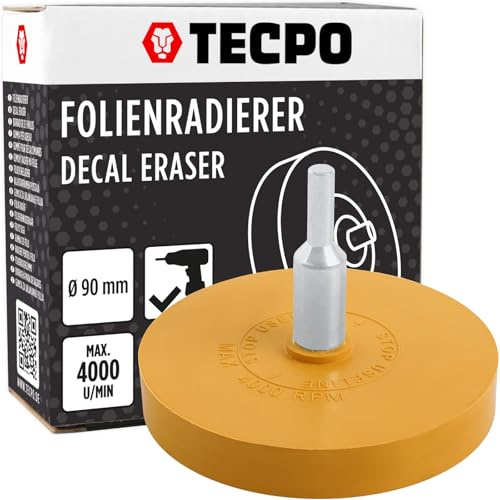 TECPO Borrador de láminas para taladros, disco de goma de borrar elimina de forma fiable los residuos de pegamento y residuos, adaptador de 5/16'' x 24 mm, 4000 rpm, Ø 90 mm, compacto y preciso para