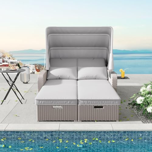 Kebnor Polyrattan Gartenmöbel für 2 Personen, Gartensofa, Loungesofa, Abnehmbare Markise,Polyrattan und Schwamm (Khaki)