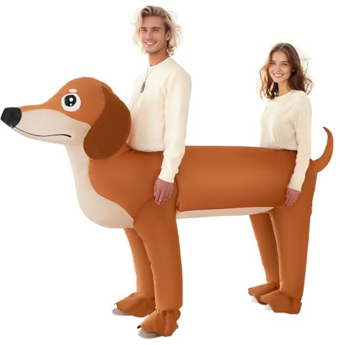 Poptrend Disfraz inflable de perro salchicha doble para adulto, disfraz inflable doble para perro, disfraz de perro salchicha para Halloween, disfraces divertidos de fiesta