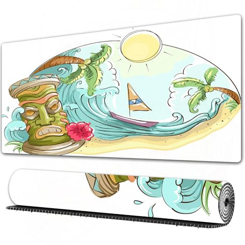FEHWI 90×40 cm Verlängertes großes Mauspad Schreibtischauflage,Tiki-Bar, runder Rahmen mit tropischen Akzenten, Cartoon-Strand-Tiki-Statue,genähte Kanten Gaming mauspads,rutschfeste Gummibasis