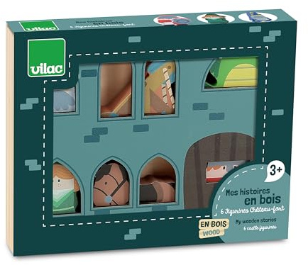 Vilac - Meine Geschichten aus Holz, Burg Fort – 6 Holzfiguren: Ritter, Drache, Prinzessin, Katapult, Pferd und Zauberer – Lernspiele für Kinder – ab 3 Jahren – 3501