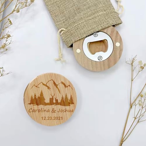 Apribottiglie In Legno Personalizzato Con Calamita, Apribottiglie Rustico Rotondo Personalizzato Con Incisione For Testimoni Dello Sposo, Con Data, Nome E Luogo Incisi, For Matrimoni, Comunioni(10pcs)