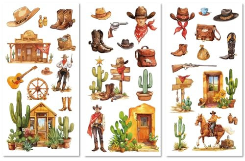CREATCABIN 3 Foglio Trasferibili A Caldo Scrapbooking Cowboy Fattoria Vintage Cactus Arredamento Impermeabili Pareti Stanze Legno Vetro Scrapbooking Fai da Te Decorazioni La Casa Porta 15x30cm