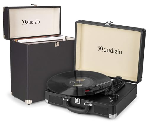 Audizio RP114BK Platine Vinyle Rétro Haut-Parleurs Intégrés 3 Vitesses + Audizio RC32 Valise Noire, Design Assorti, Déco Vintage ou Collection