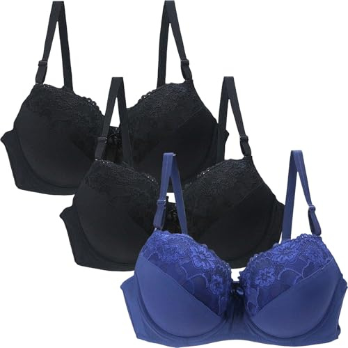 3Pcs Women's Lace Push Up Bras, Floral Lace Non Padded Full Coverage Minimizer Bra Everyday Bras Push Up Underwear Support Comfortable Bralette Lounge Lingerie Breathable with Adjustable Straps
