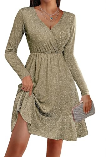 Zeagoo Damklänning, elegant glitterklänning, V-ringad festklänning, långärmad miniklänning, festlig paljettklänning, cocktailklänning med volanger, A-beige, M