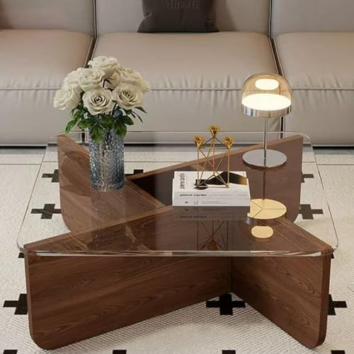 Mesa De Centro Moderna De Cristal Templado Con Patas De Madera Maciza, Mesa Cuadrada De Salón 80cm 90cm, Mesa Auxiliar Para Sofá Estable Y Fácil De Limpiar Para Apartamento(Clear glass - walnut,L)
