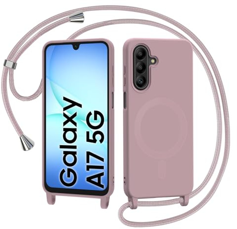 AOMYKE Magnética Funda para Samsung Galaxy A17 5G con Cuerda, Compatible con Magsafe Silicona Carcasa con Cordón Correa Colgante Ajustable Collar Correa Teléfono Case Cover, Rosa