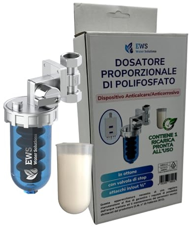 EWS® Dosatore Proporzionale Sali Polifosfati per Caldaie Attacchi 1/2, Filtro con Polifosfato Anticalcare Anticorrosivo, Protegge le Tubazioni, Migliora la Qualità dell'Acqua