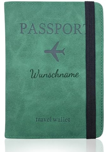 Generisch Personalisierte Reisepasshülle mit Gravur – Reiseetui aus Kunstleder für Reisedokumente, Tickets & Ausweis - RFID-Schutz – Geschenkidee für Reisende, Paare, Familie – Handmade (Grün)