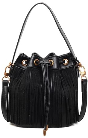 ALINUOYQ Borsa a secchiello in pelle scamosciata con frange da donna, borsa hobo hippie a tracolla con nappe