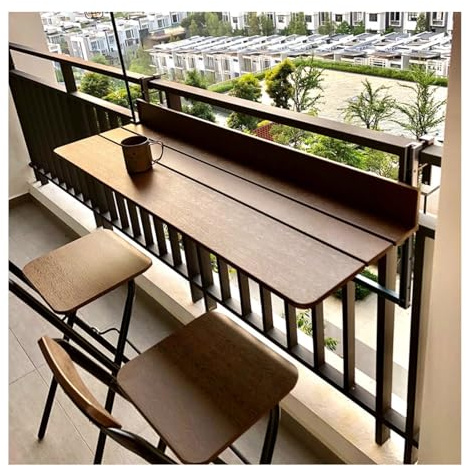 Justerbart hängande planteringsbord i aluminium för räcke – vikbart balkongbord för uteplats (storlek: 60 × 37 cm) – perfekt för utomhusutrymmen och växtuppställning