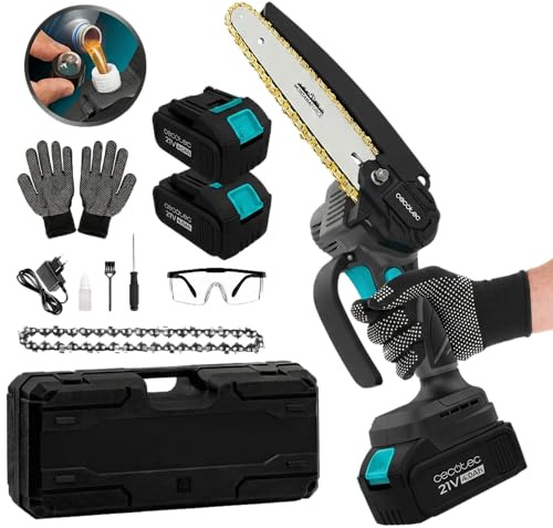 Cecotec Sierra de Podar a Batería MontanaForce 6400 Hand. Espada 6 Pulgadas, Motor Brushless 700W, 2 Baterías Nexus 21V 4Ah, Engrasado a Botón, Incluye Maletín, Cadena Extra, Gafas y Guantes