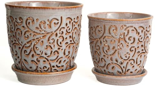 QCYBDGLOV Macetas para orquídeas con agujeros, maceta de cerámica para orquídeas para interiores y exteriores con drenaje y platillo, macetas para orquídeas, grande de 6.5 pulgadas, 5.3 pulgadas (gris