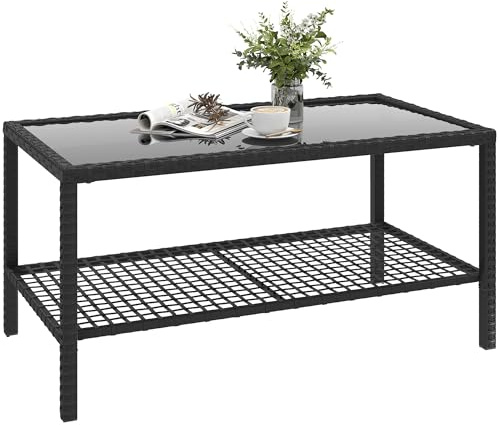 Outsunny Beistelltisch aus Polyrattan rechteckiger Kaffeetisch mit Glas Tischplatte, Ablage, Gartentisch Balkontisch Couchtisch Rattantisch für Garten Terrasse Balkon, 92 x 50 x 45 cm Schwarz