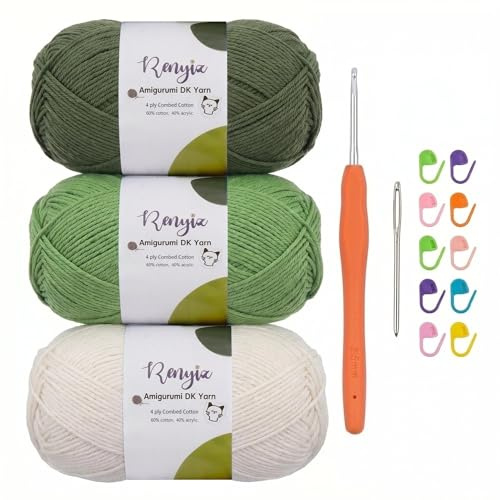 Renyiz 3×100g Wolle zum Häkeln mit Farbverlauf, 60% Baumwolle 40% Acryl, 4-fädig Häkelgarn mit 2,5 mm Häkelnadel, Zubehör für Erwachsene Anfänger, Ideal für Amigurumi & DIY-Projekte