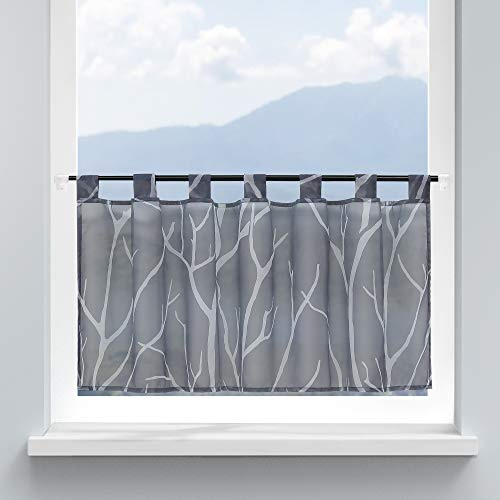 HongYa Scheibengardine Küchengardine Voile Bistrogardine transparent mit Schlaufen für kleines Fenster Zweige HxB 60x90cm Grau