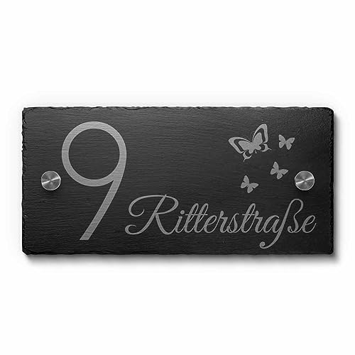 Premium Hausnummer aus einzigartigem Schiefer mit Gravur Zahlen und Ziffern Größe: 20x10 cm Schiefer Schild Hausnummern mit Abstandshaltern
